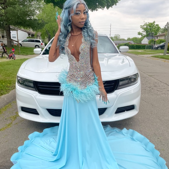 Aqua blue prom dress with silver rhinestones blue feathers and ruffled ends - Picture 4 of 5